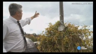 Paul Bartholomew points out the Abair Road telephone pole to a local news photographer.