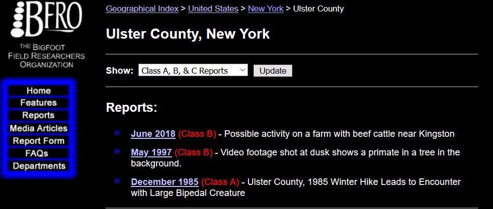 BFRO's Ulster County, New York sighting reports.