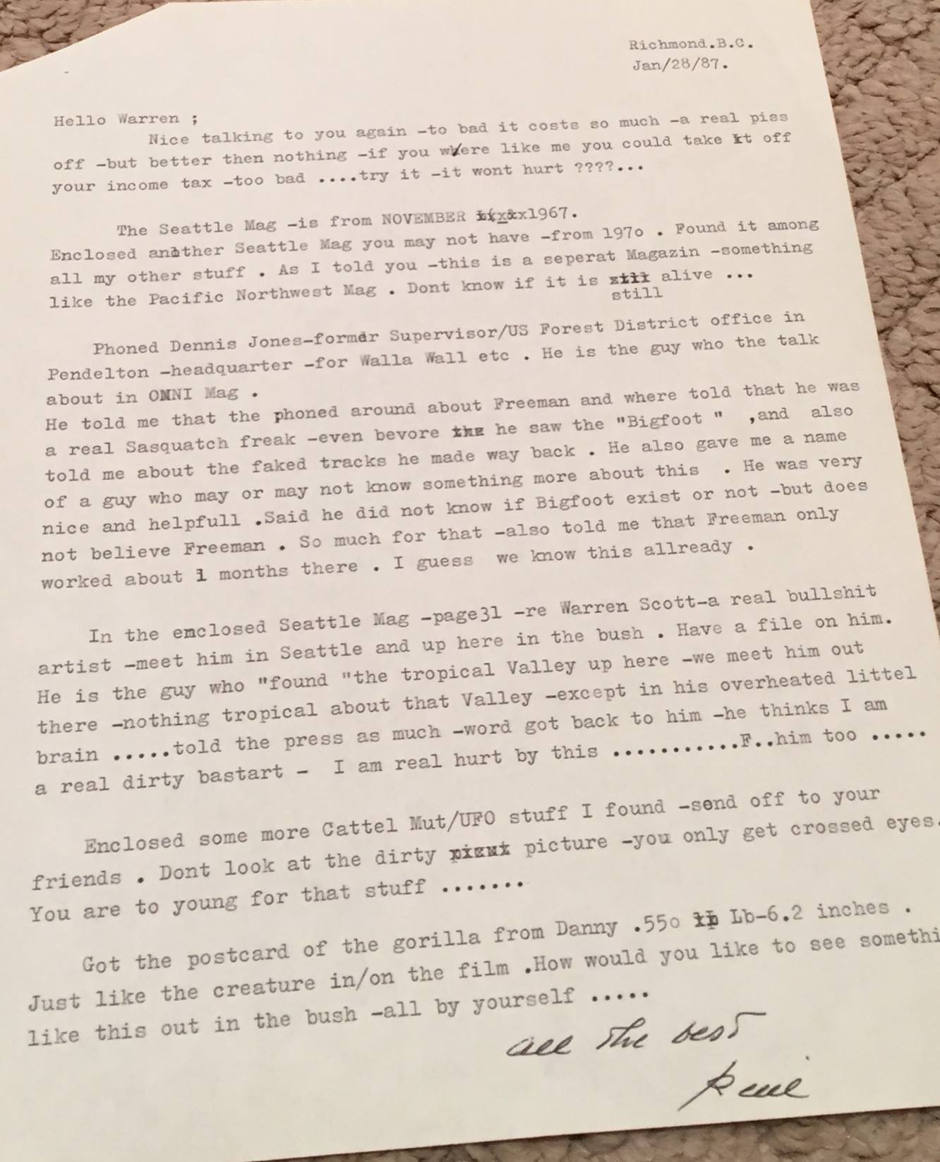 A 1987 letter from the late Rene Dahinden to the late Warren Thompson. Some commentary about the late Paul Freeman